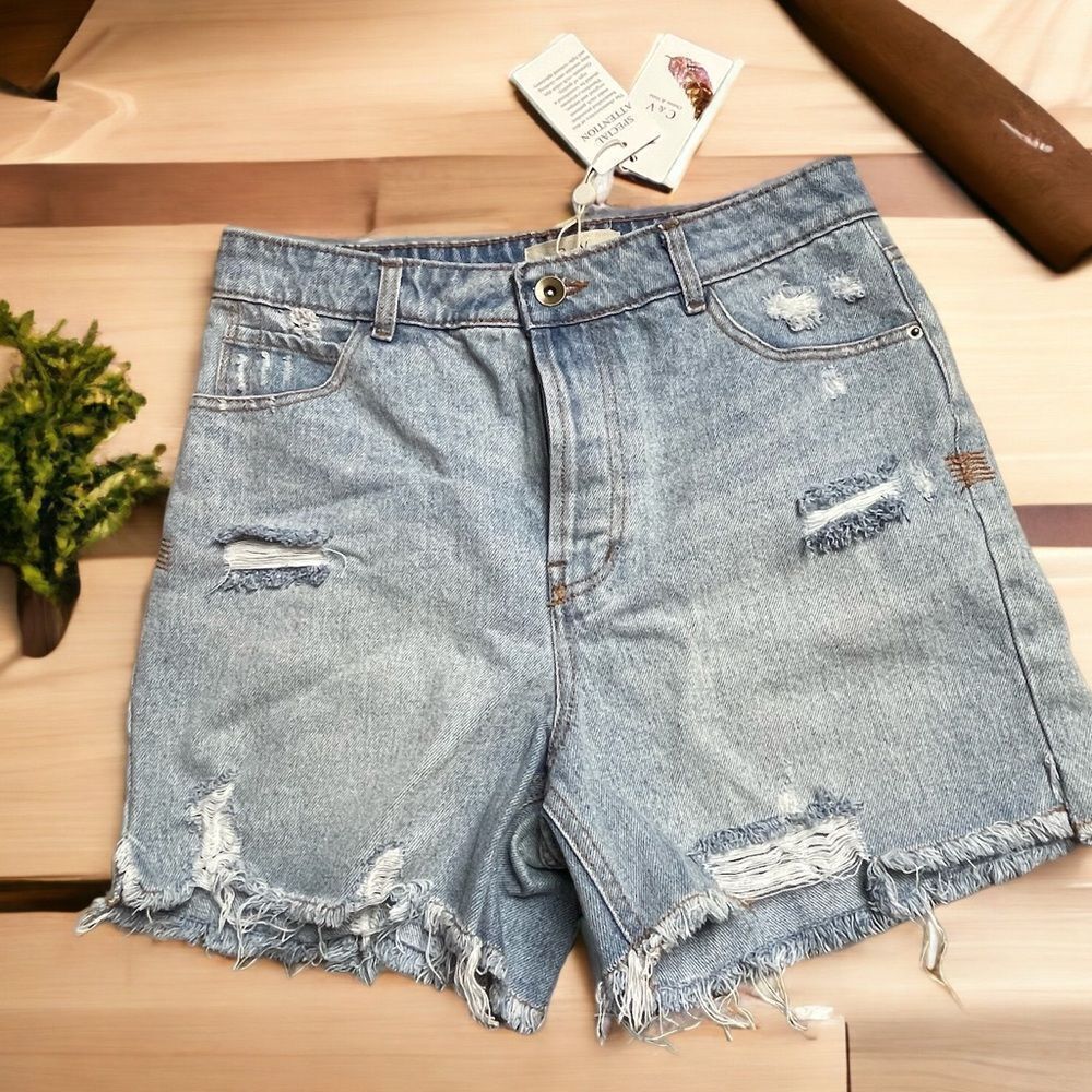 Chelsea & Violet High Waist Button Fly Distressed Jean Shorts